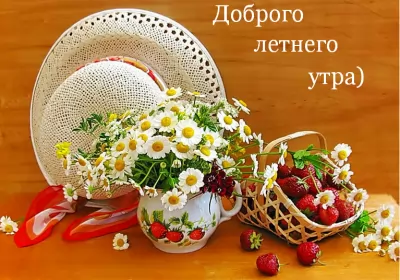 Доброе летнее утро Открытка с добрым летним утром,доброго летнего утра,ромашковый букет,шляпа