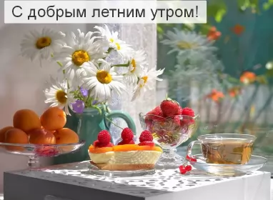 Доброе летнее утро Открытка с добрым летним утром,доброго летнего утра,букет из ромашек,абрикос,ягода